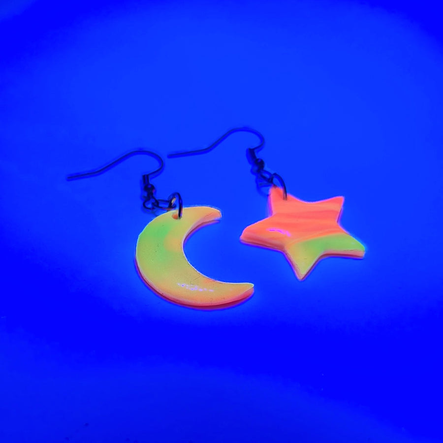 Marbled Neon Star & Moon Drop Earrings
