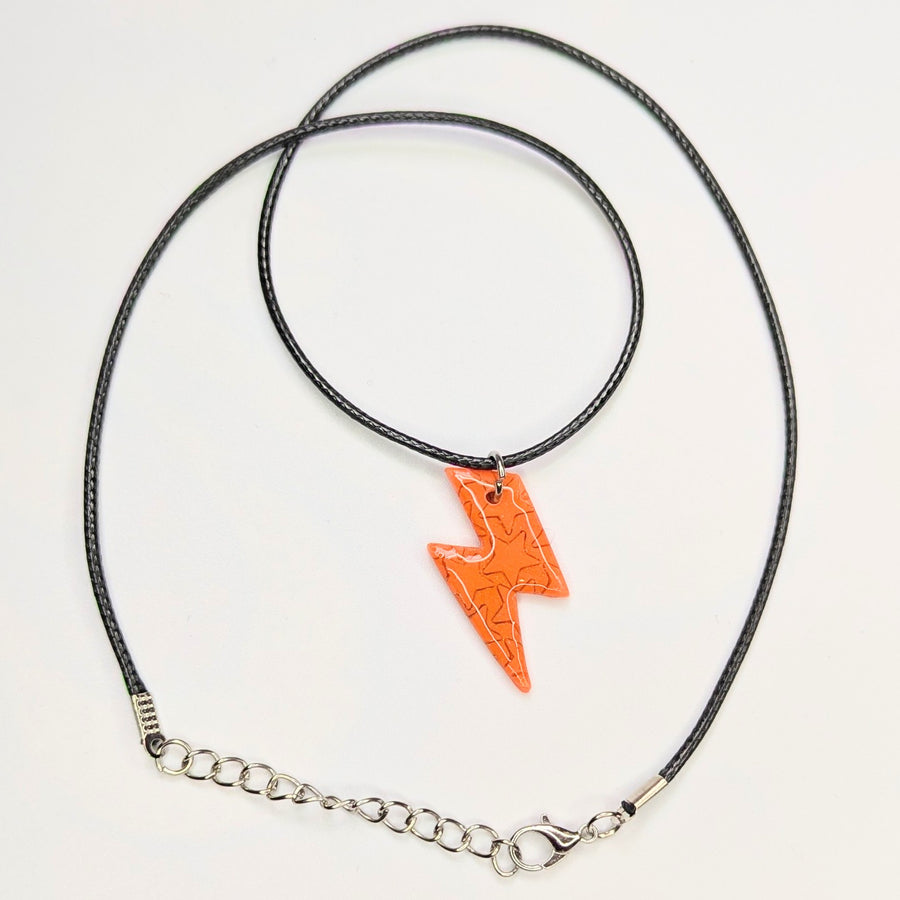 Star Print Orange Lightning Bolt Polymer Clay Star Necklace