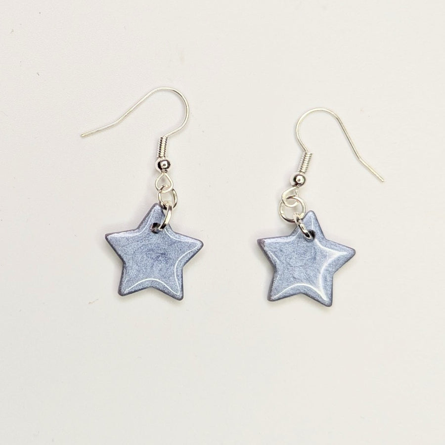 Sparkly Silvery Blue Star Drop Earrings, Polymer Clay Jewellery