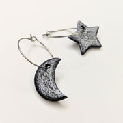 Matt Black Leather Style Star & Moon Hoop Earrings, Polymer Clay Jewellery