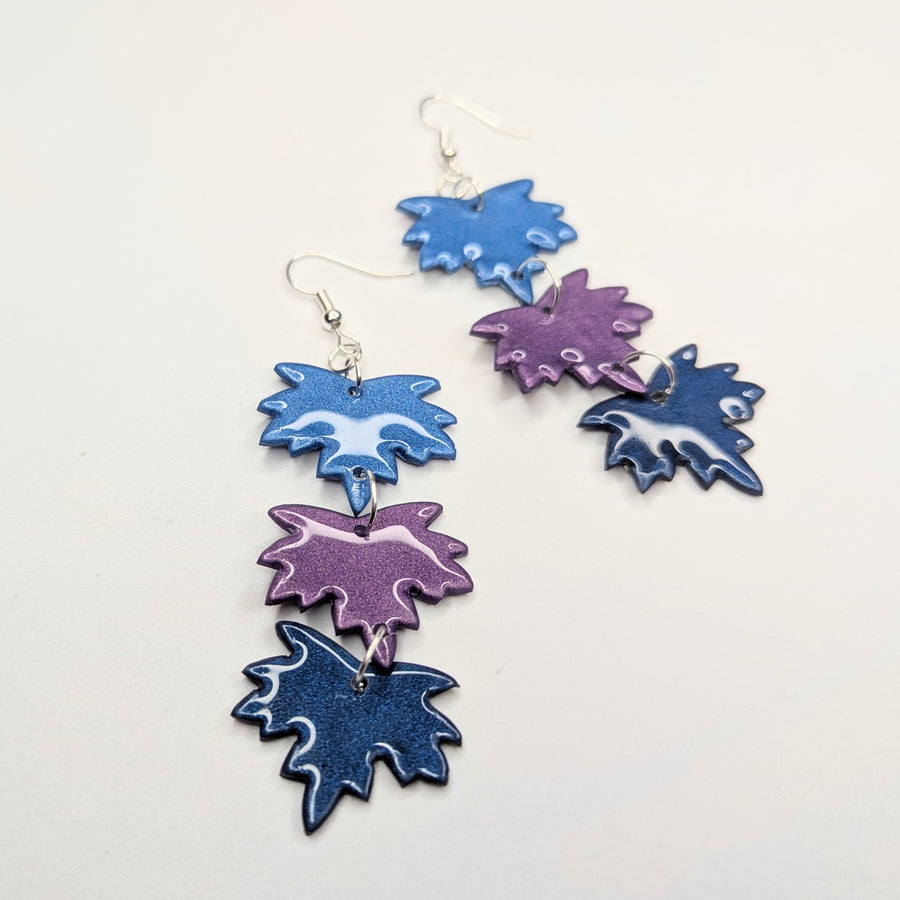 Triple Blue & Purple Sparkly Shiny Maple Leaf Trapeze Earrings