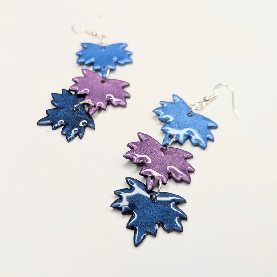 Triple Blue & Purple Sparkly Shiny Maple Leaf Trapeze Earrings