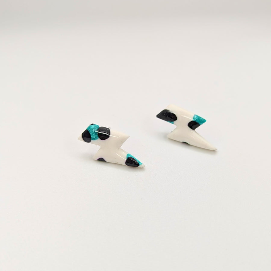Sparkly Green & White Leopard Print Lightning Bolt Stud Earrings