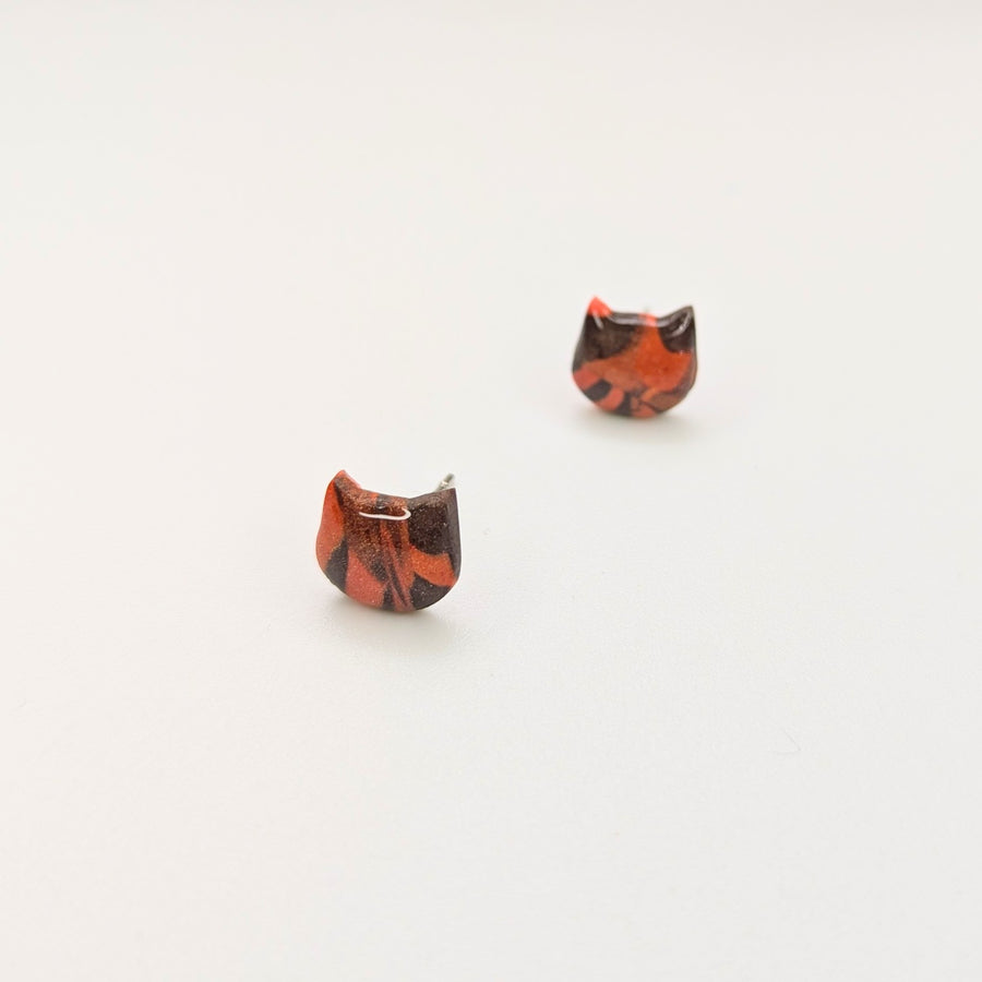 Marbled Autumnal Cat Face Stud Earrings