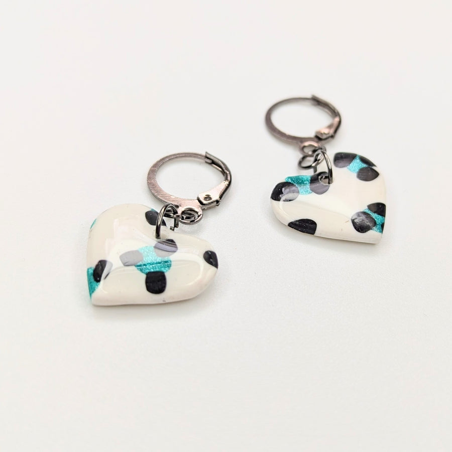 Sparkly Green & White Leopard Print Heart Huggie Hoop Earrings