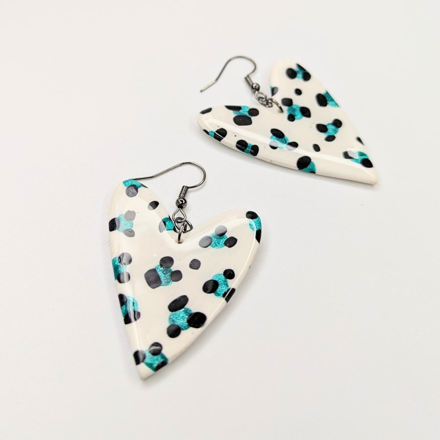 Oversized Sparkly Green & White Leopard Print Heart Drop Earrings