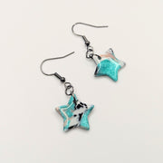 Sparkly Marbled Green, Black, White & Pink Star Drop Earrings