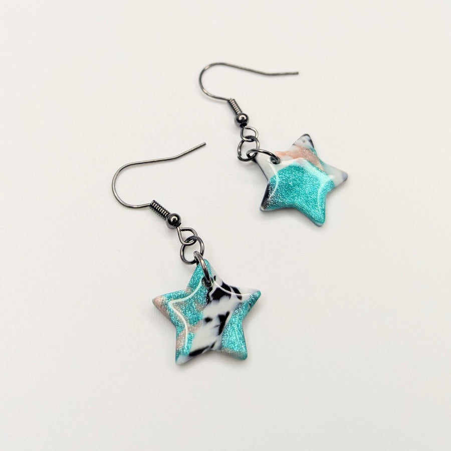 Sparkly Marbled Green, Black, White & Pink Star Drop Earrings