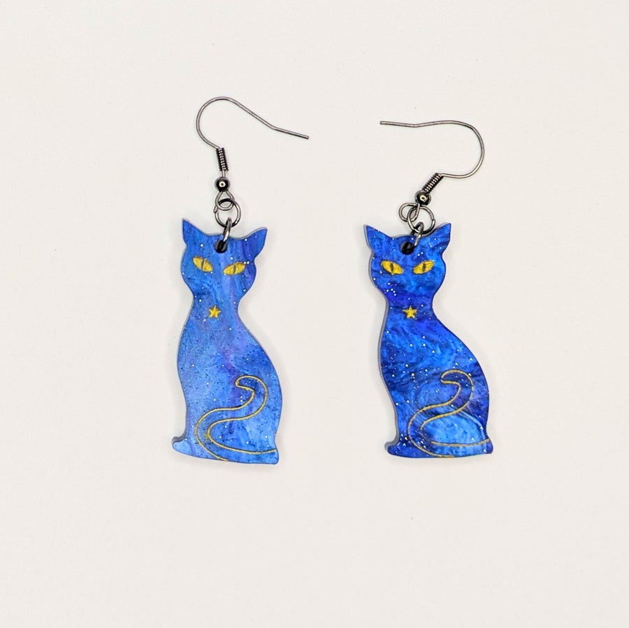 Spacey Blue & Gold Glittery Acrylic Cat Earrings