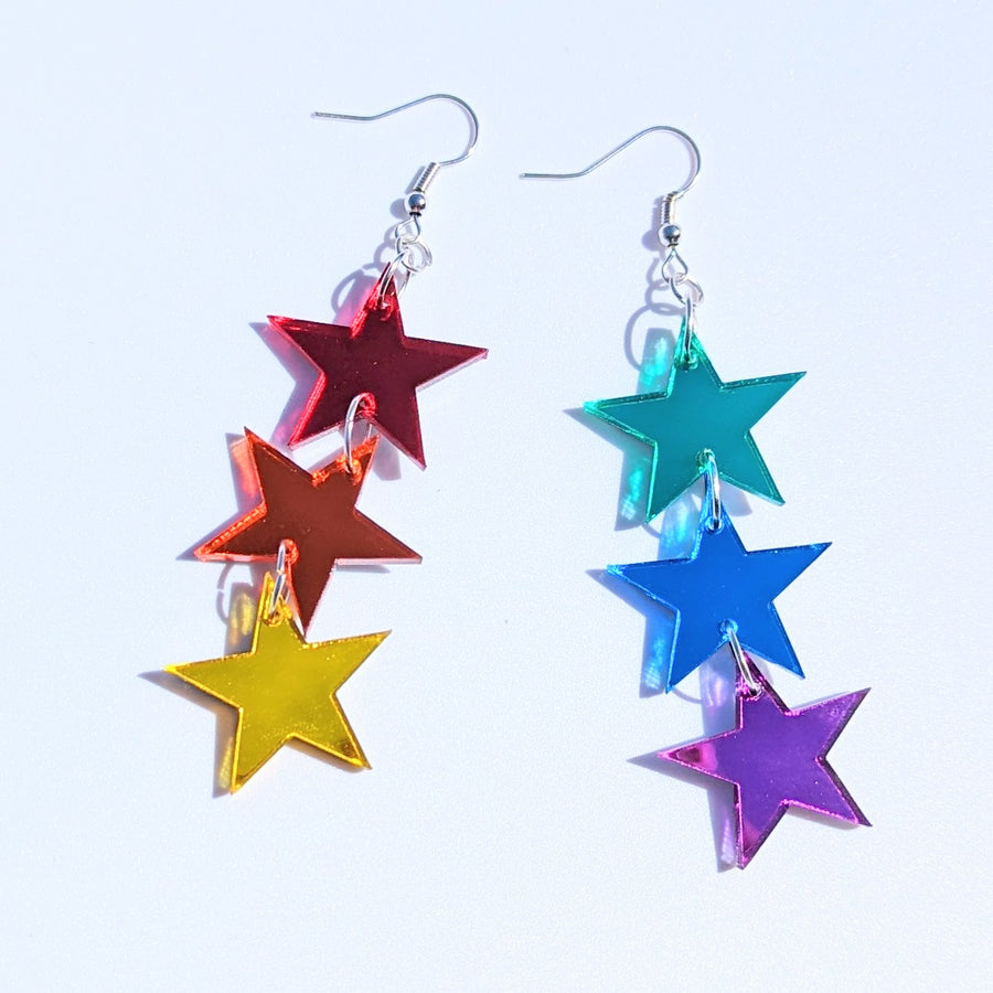 Triple Rainbow Pride Star Acrylic Earrings, Sparkly LGBTQ+ Queer Drops