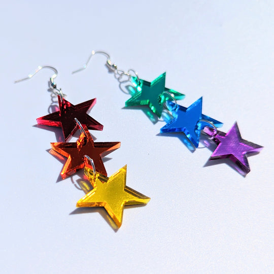 Triple Rainbow Pride Star Acrylic Earrings, Sparkly LGBTQ+ Queer Drops