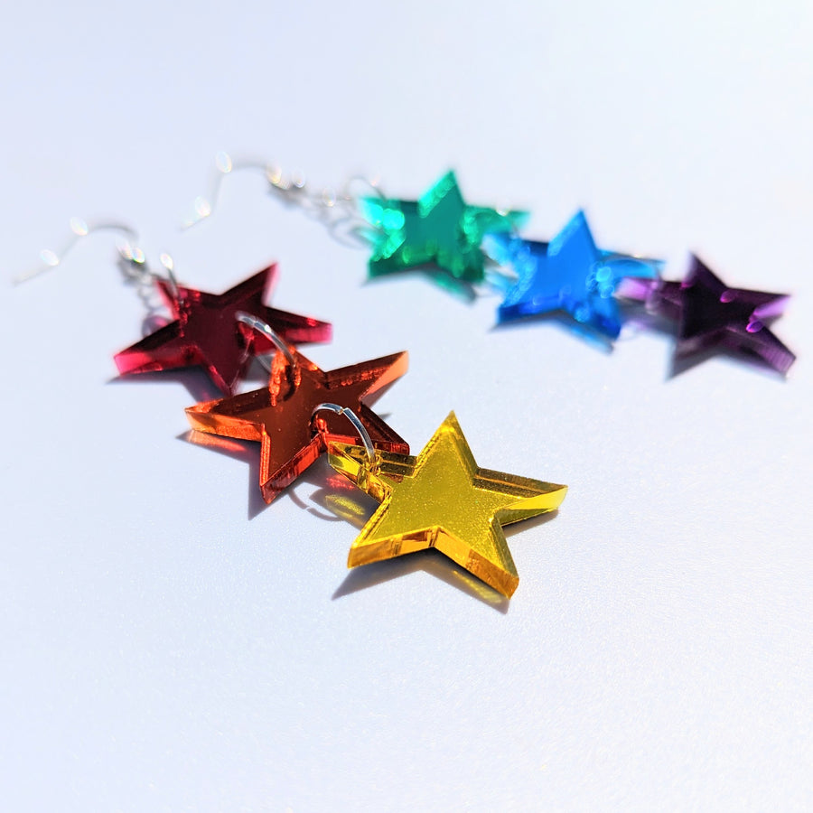 Triple Rainbow Pride Star Acrylic Earrings, Sparkly LGBTQ+ Queer Drops