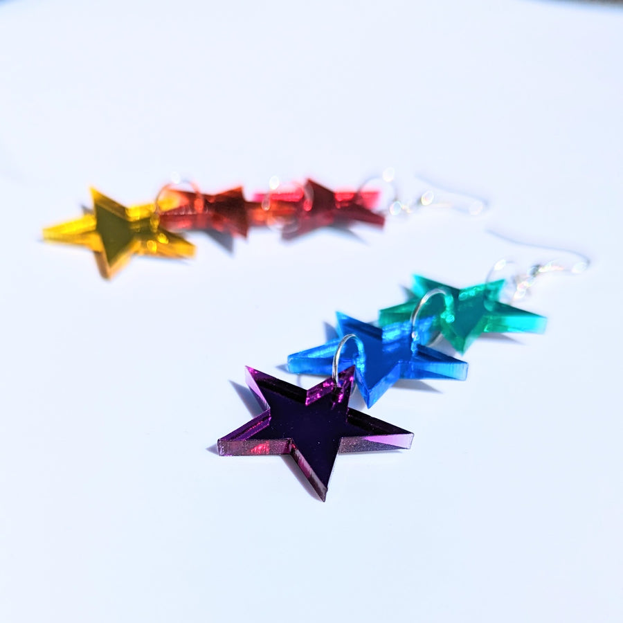 Triple Rainbow Pride Star Acrylic Earrings, Sparkly LGBTQ+ Queer Drops