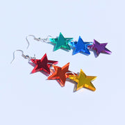 Triple Rainbow Pride Star Acrylic Earrings, Sparkly LGBTQ+ Queer Drops