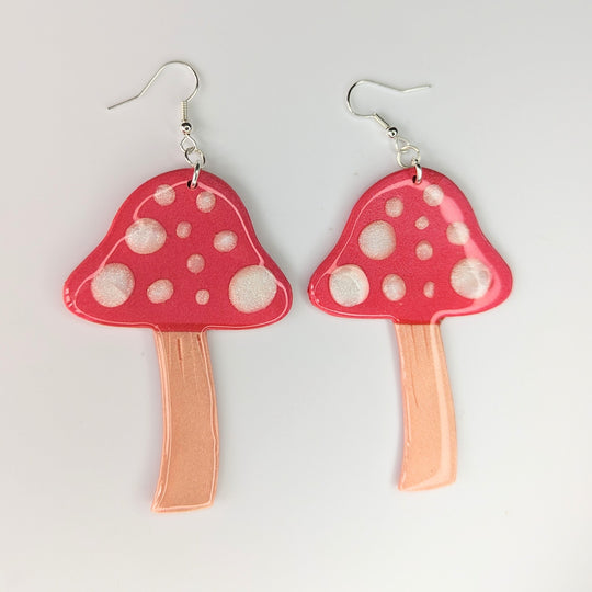 Oversized Red & White Mushroom Drop Earrings Toadstools, Polymer Clay Jewellery