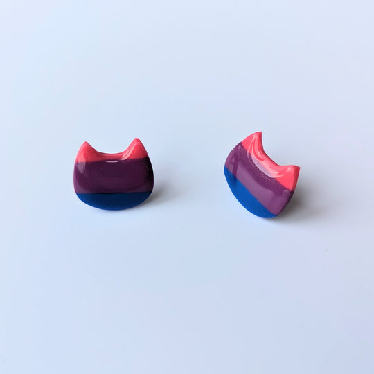 LGBTQ+ Bisexual Pride Polymer Clay Cat Face Studs