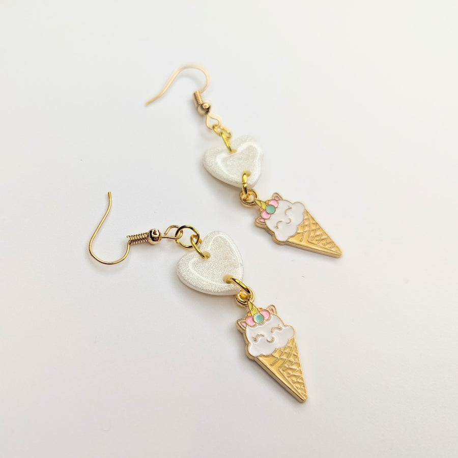 Sparkly White Heart & Unicorn Ice Cream Charm Trapeze Earrings, Polymer Clay Jewellery