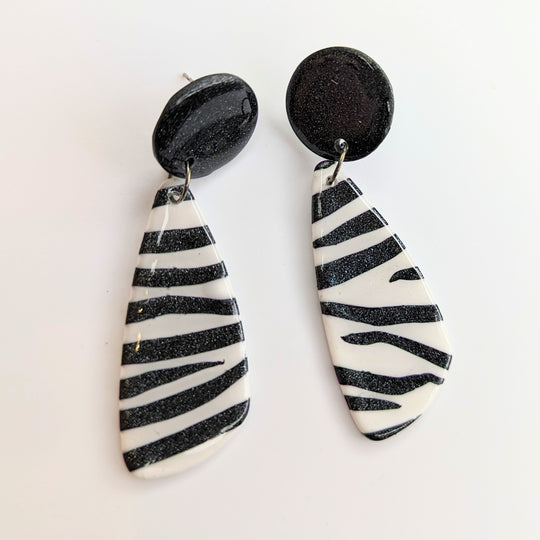 Sparkly Black & White Zebra Print Teardrop Trapeze Earrings