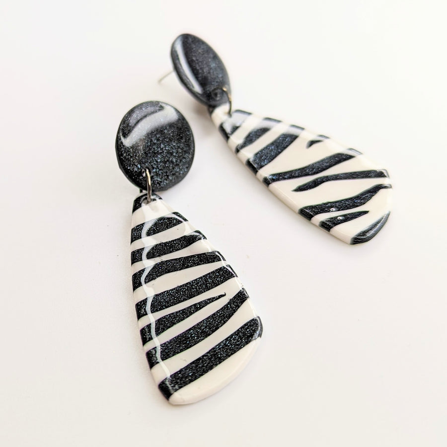 Sparkly Black & White Zebra Print Teardrop Trapeze Earrings