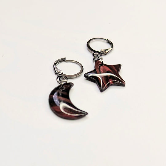 Marbled Black & Sparkly Red Star & Moon Huggie Hoop Earrings, Polymer Clay Jewellery