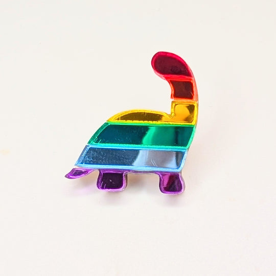Mirrored Rainbow Acrylic Dinosaur Pin Badge