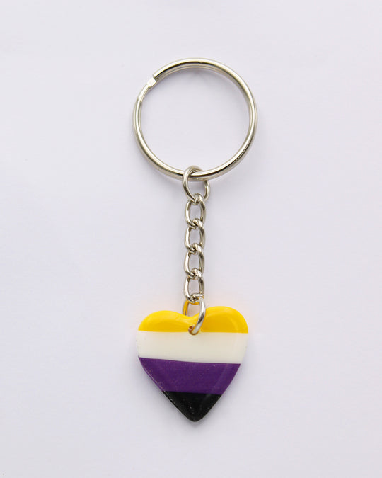 Non Binary Heart Keyring LGBTQ+ Jewellery Enby Key Chain Handmade Polymer Clay