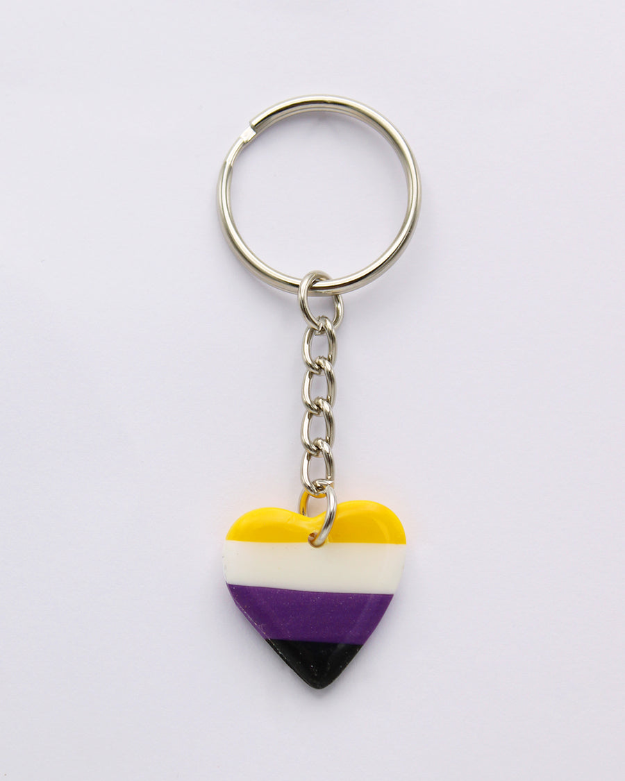 Non Binary Heart Keyring LGBTQ+ Jewellery Enby Key Chain Handmade Polymer Clay