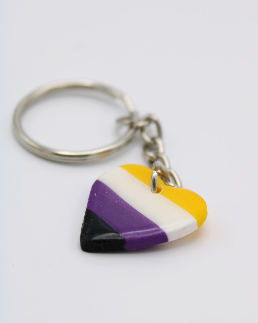 Non Binary Heart Keyring LGBTQ+ Jewellery Enby Key Chain Handmade Polymer Clay