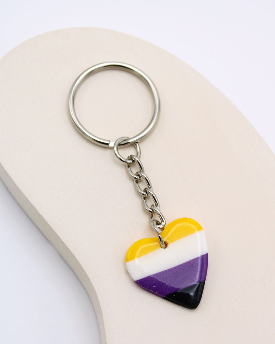 Non Binary Heart Keyring LGBTQ+ Jewellery Enby Key Chain Handmade Polymer Clay