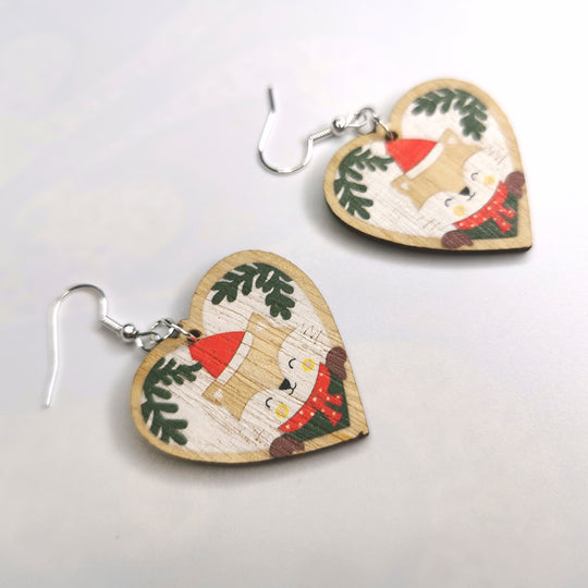 Wooden Christmas Fox Heart Earrings