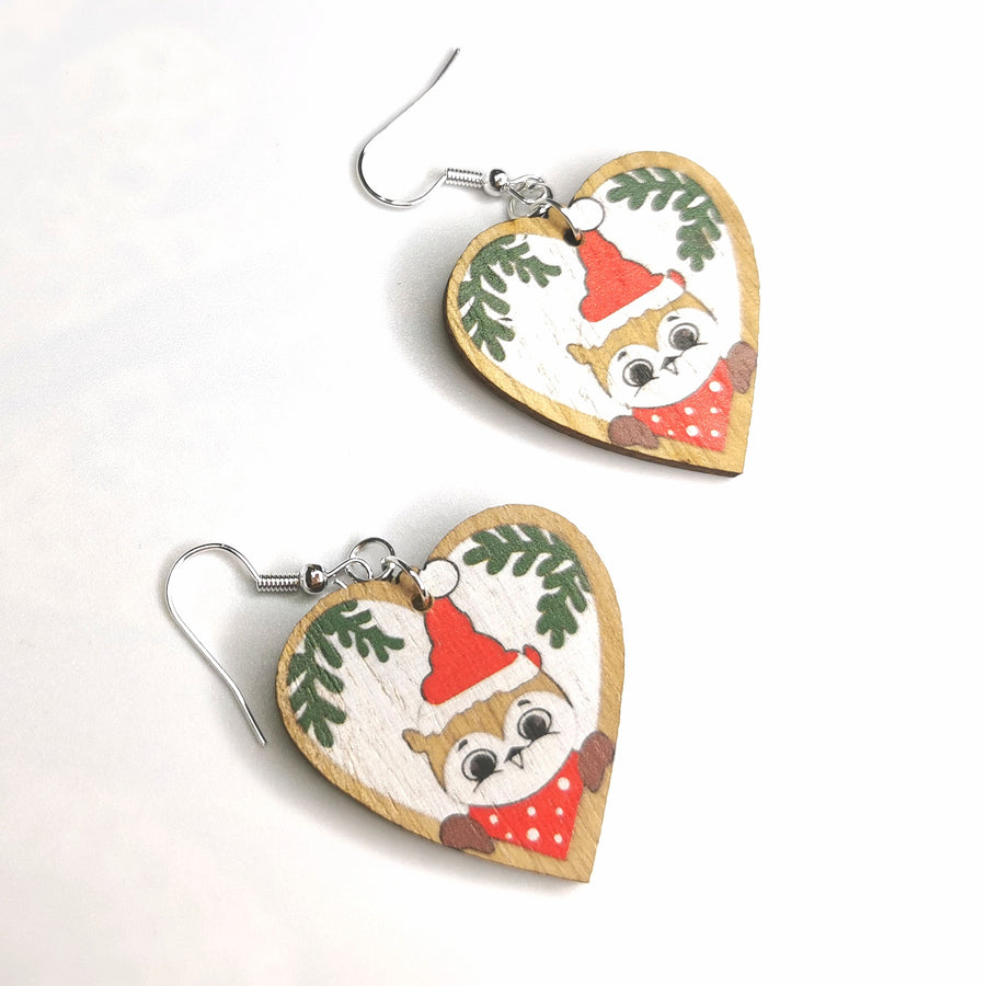 Wooden Christmas Owl Heart Earrings