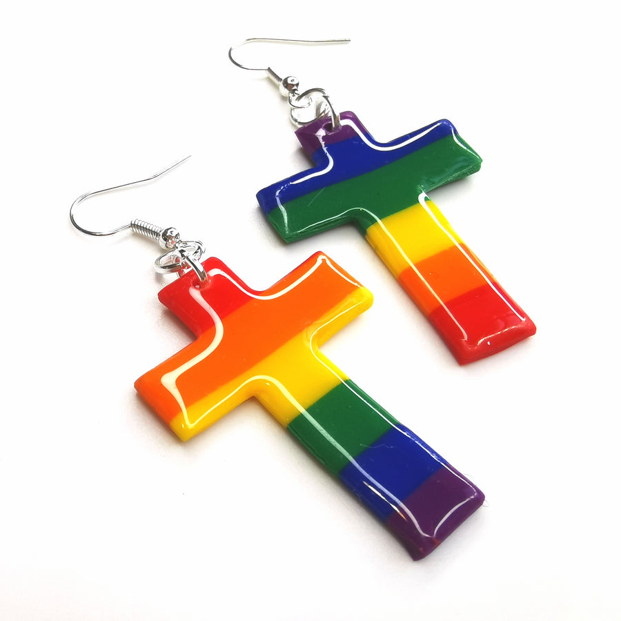 Pride Rainbow Cross Earrings, LGBTQ+ Queer Crosses