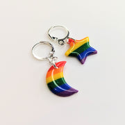 Pride Rainbow Star & Moon Huggies, LGBTQ+ Earrings