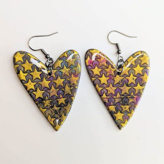 Gold Star Print Punky Oversized Wonky Heart Drop Earrings