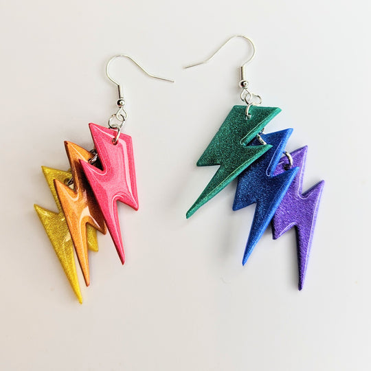 Rainbow Pride Staggered Lightning Bolt Statement Earrings, LGBTQ+ Queer Trapeze Earrings