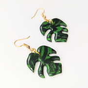 Marbled Green Monstera Leaf Drop Earrings