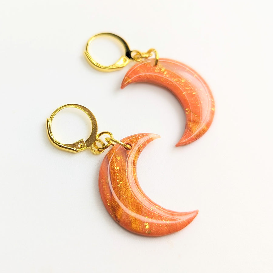 Marbled Orange & Translucent with Gold Leaf Moon Huggie Hoop Earrings
