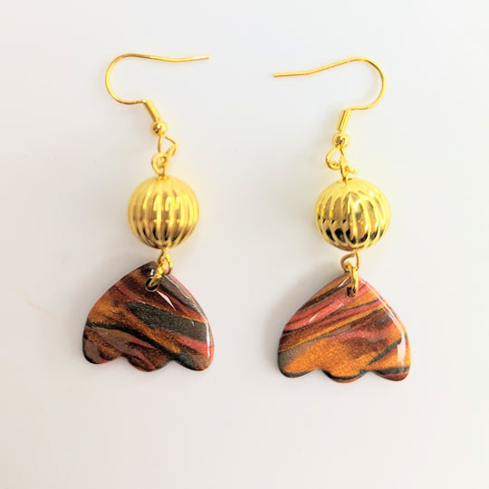 Marbled Orange & Green Leaf With Golden Bauble Trapeze Earrings