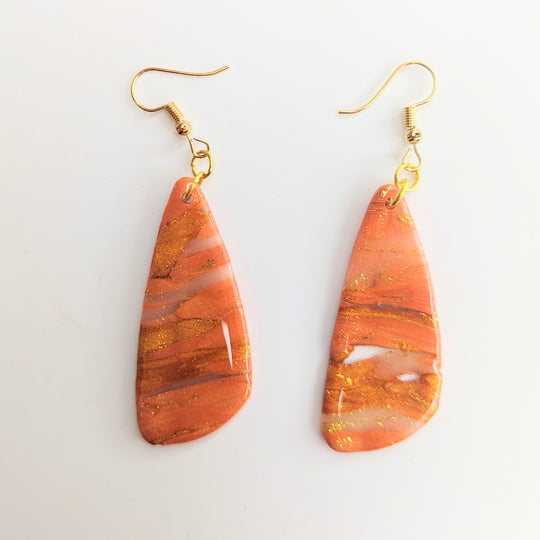 Oversized Marbled Orange & Translucent with Gold Leaf Teardrop Earrings