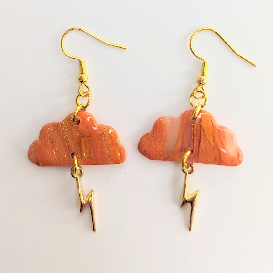 Marbled Orange & Translucent Cloud with Lightning Bolt Charm Trapeze Earrings