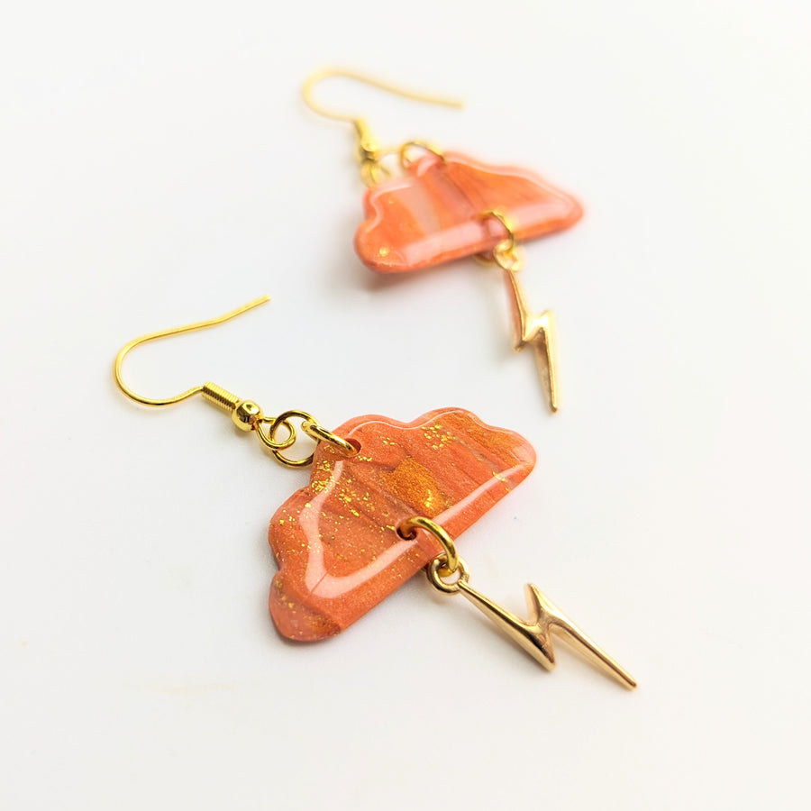 Marbled Orange & Translucent Cloud with Lightning Bolt Charm Trapeze Earrings
