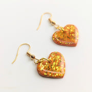 Marbled Orange & Translucent with Gold Leaf Heart Drop Earrings