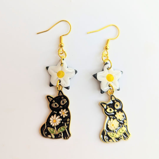 White & Black Flower Star Topped Cat Trapeze Earrings