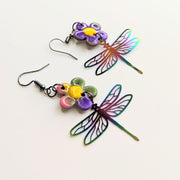 Marbled Flower & Filigree Dragonfly Trapeze Earrings