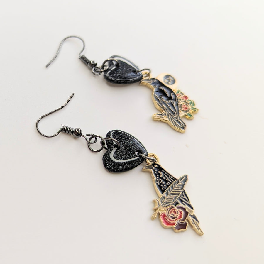 Dark Raven Sparkly Heart Topped Trapeze Earrings