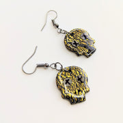 Sparkly Black & Gold Leaf Skull Stop Earrings with Glow in the Dark Eyes