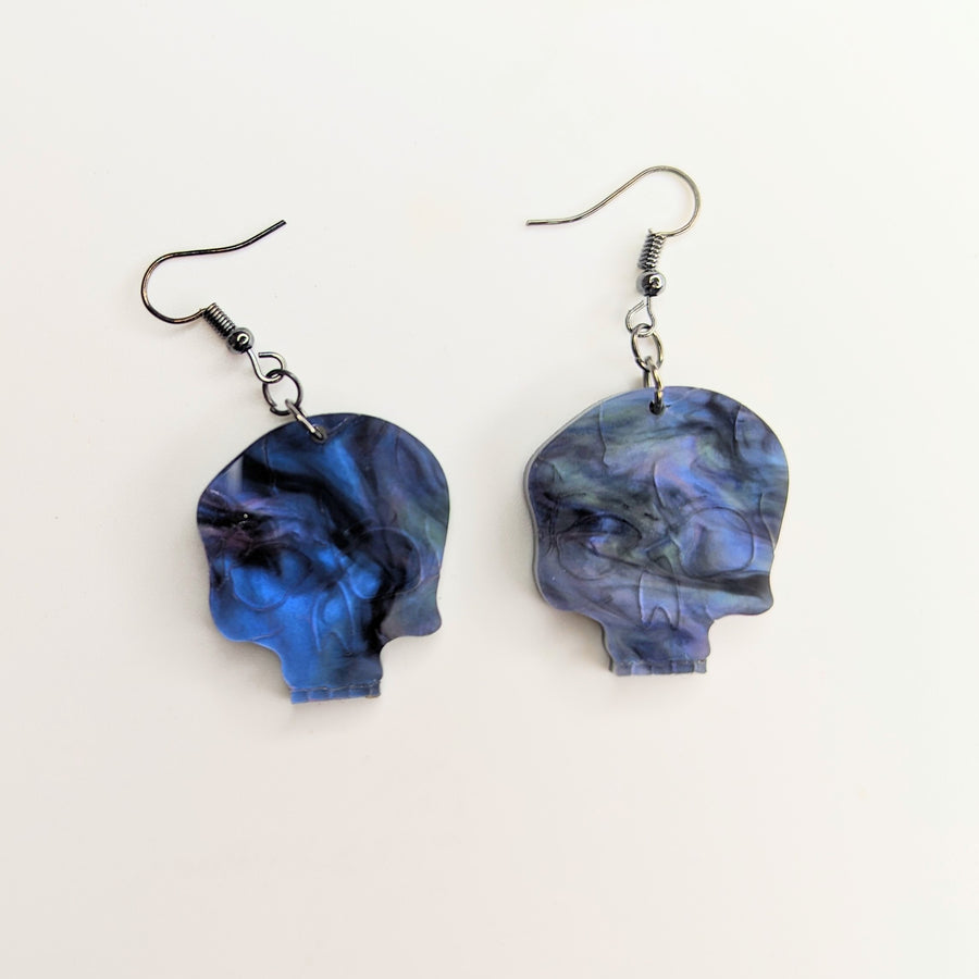 Smoky Marbled Blue Acrylic Halloween Skull Earrings