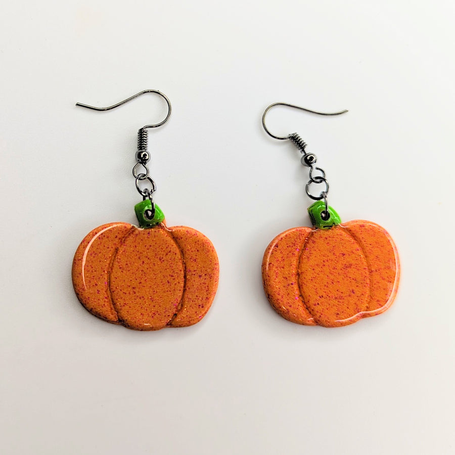 Sparkly Orange with Pink Glitter Pumpkin Earrings