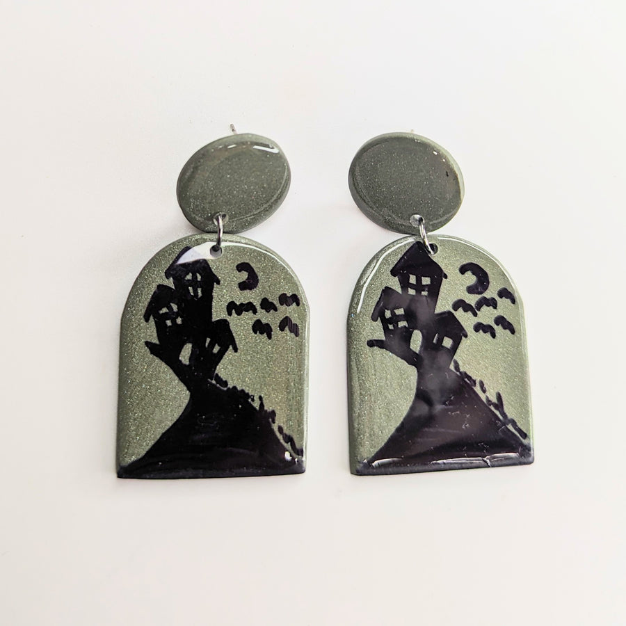 Sparkly Green Spooky House Trapeze Earrings