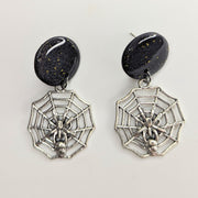 Sparkly Black with Gold Leaf Circle Tired Spider Web Trapeze Earrings